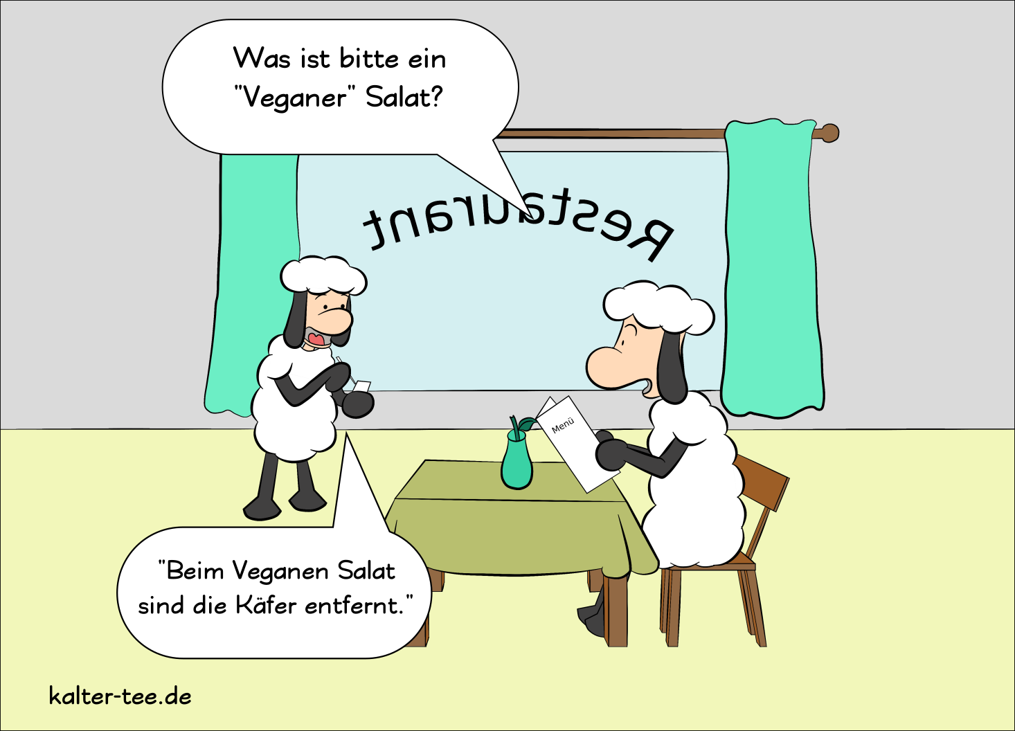 Comic mit Thema vegane Salat, also Salat ohne Käfer!