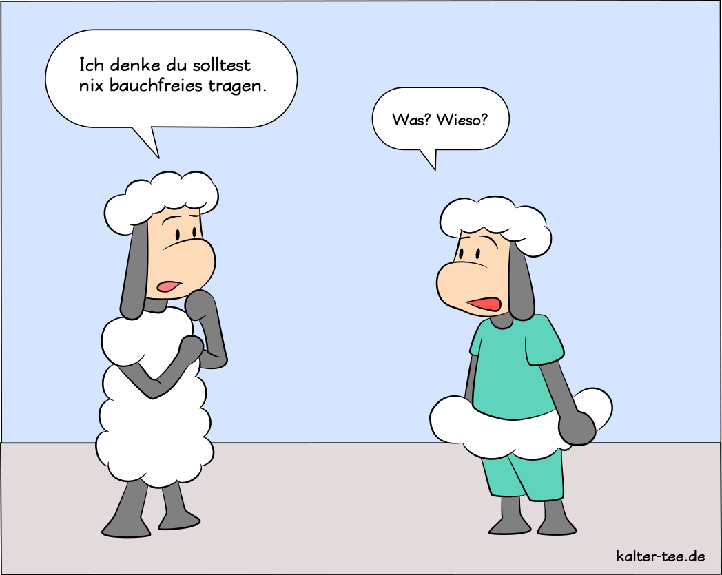 Zwei Schafe die sich über Kleidung unterhalten
