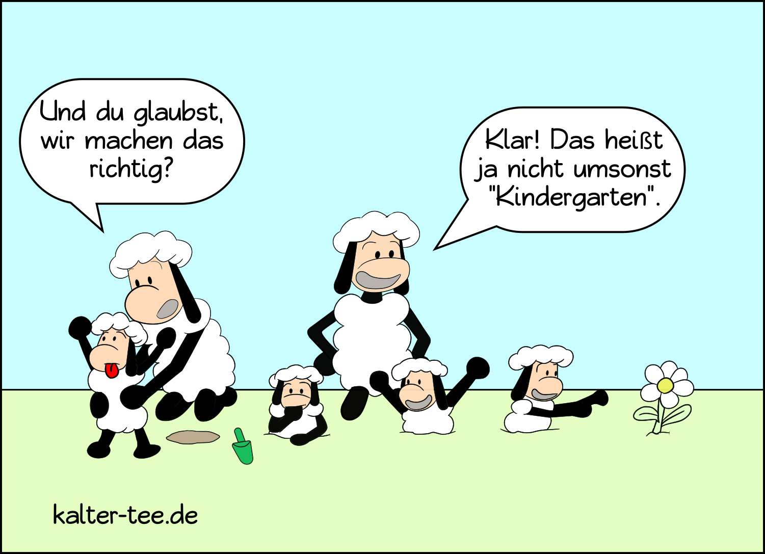 Comic über Schafe die im Kindergarten Kinder einpflanzen.